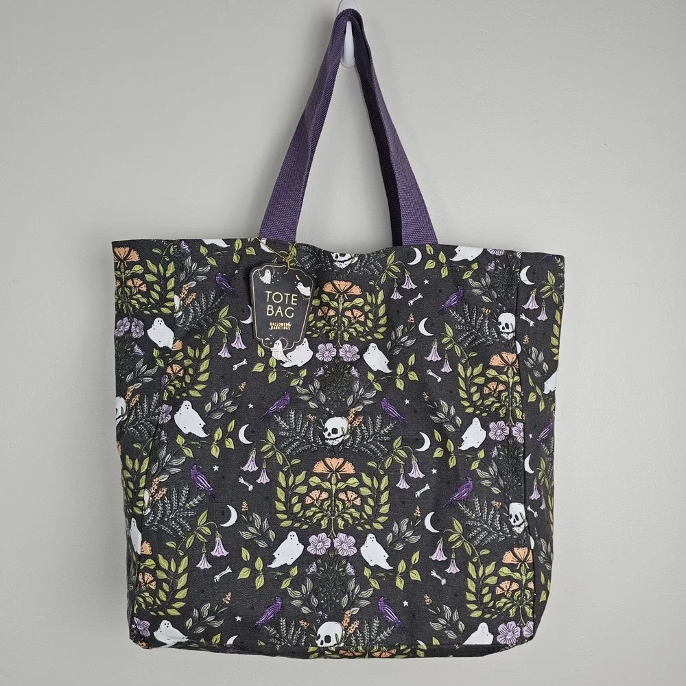 Hallowed Hauntings Tote Bag Unisex OS Black Ghost Skull Floral Halloween Canvas